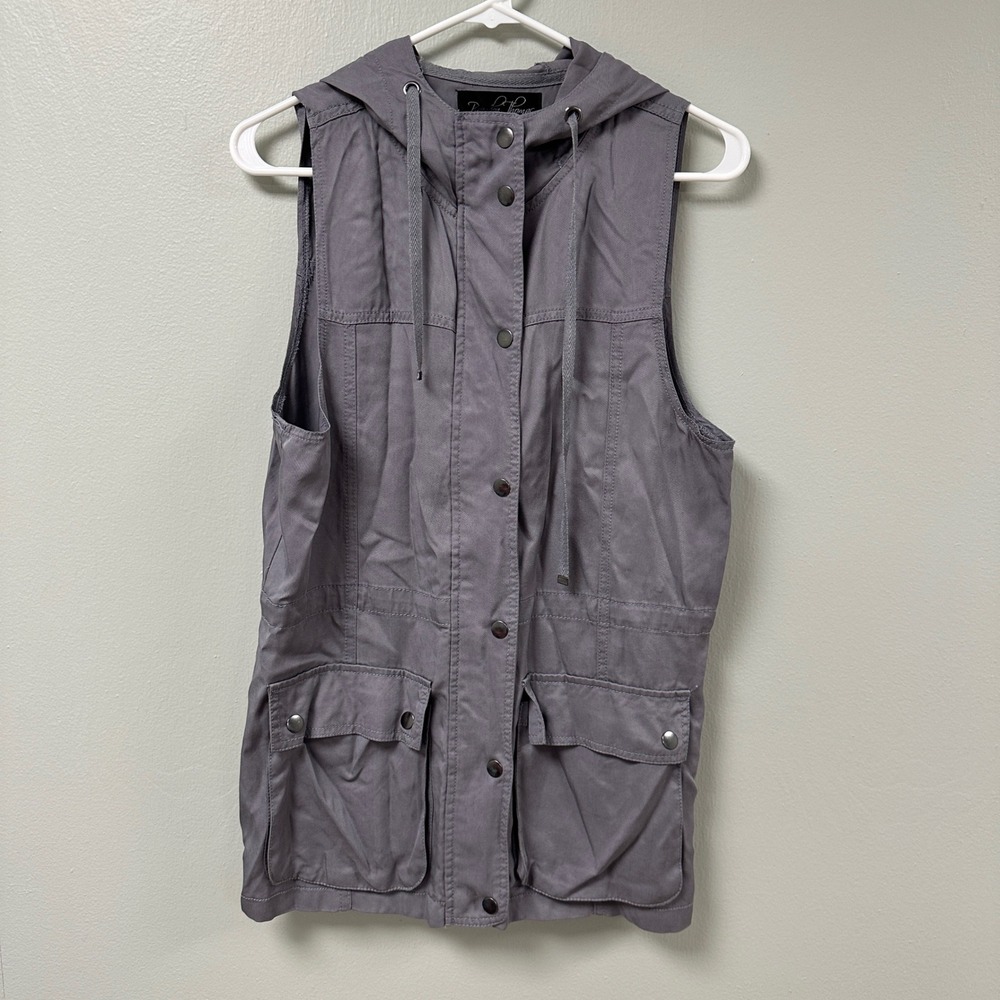 Brandon Thomas Gray Utility Vest‎ Hooded Cargo Pockets 100% Lyocell Womens L